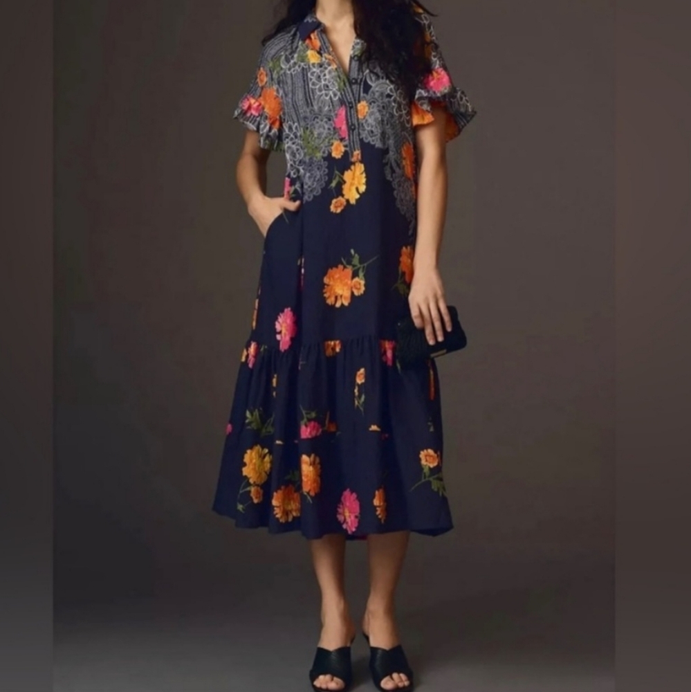 Anthropologie Floral Midi Dress - Blue and Pink